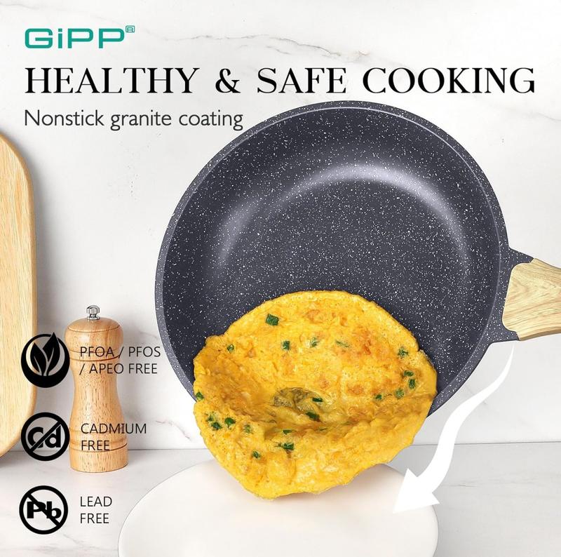 Juego de Ollas y Sartenes Gipp de 10 Piezas – Cocina de Granito Antiadherente con Sartenes, Cacerolas, Vaporera y Sartén