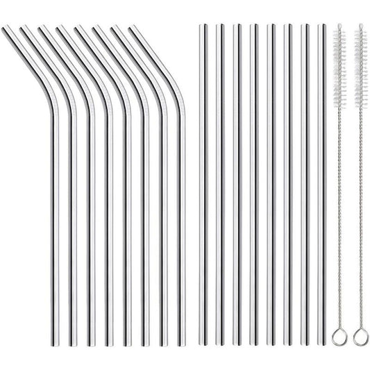 Set de 16 popotes Reutilizables de Acero Inoxidable | 8 Rectas + 8 Dobladas con 2 Cepillos de Limpieza 
